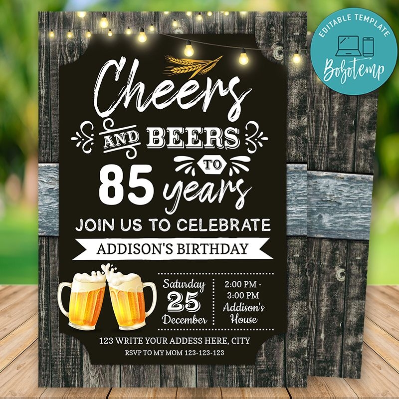 Printable 85th Cheers And Beers Birthday Party Invitation DIY 