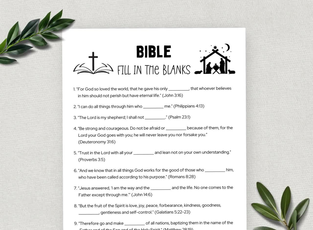 Printable Bible Fill In The Blanks Bible Games Fun Christian Youth Group Game Sunday School Church Study Activity Digital Download