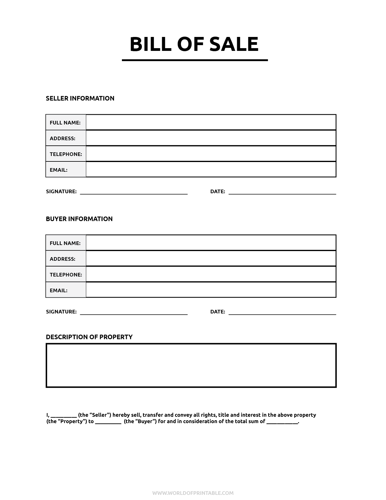 Free Printable Bill Of Sale Template