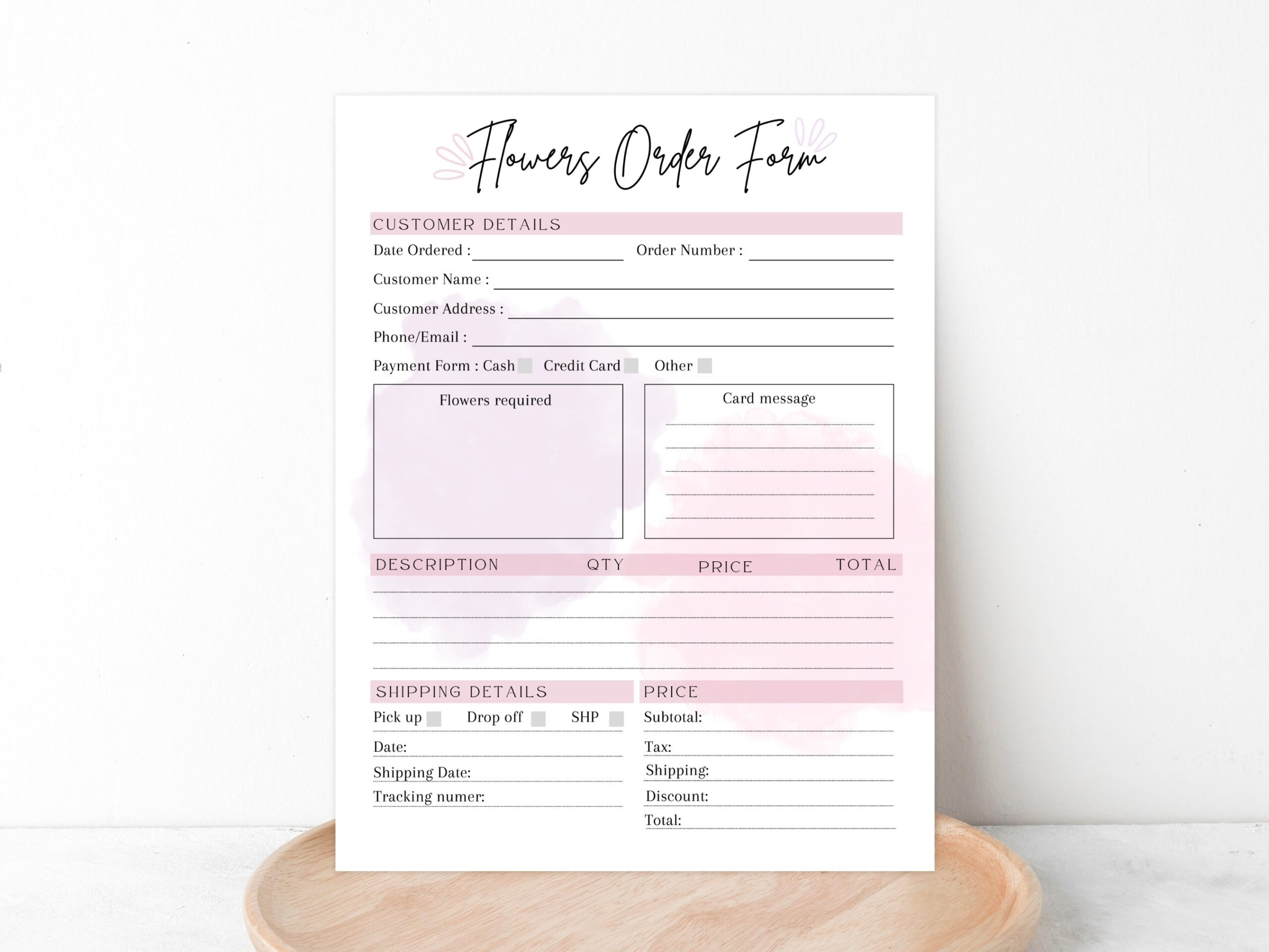 PRINTABLE FLORIST ORDER Form Editable Flowers Order Form Template 
