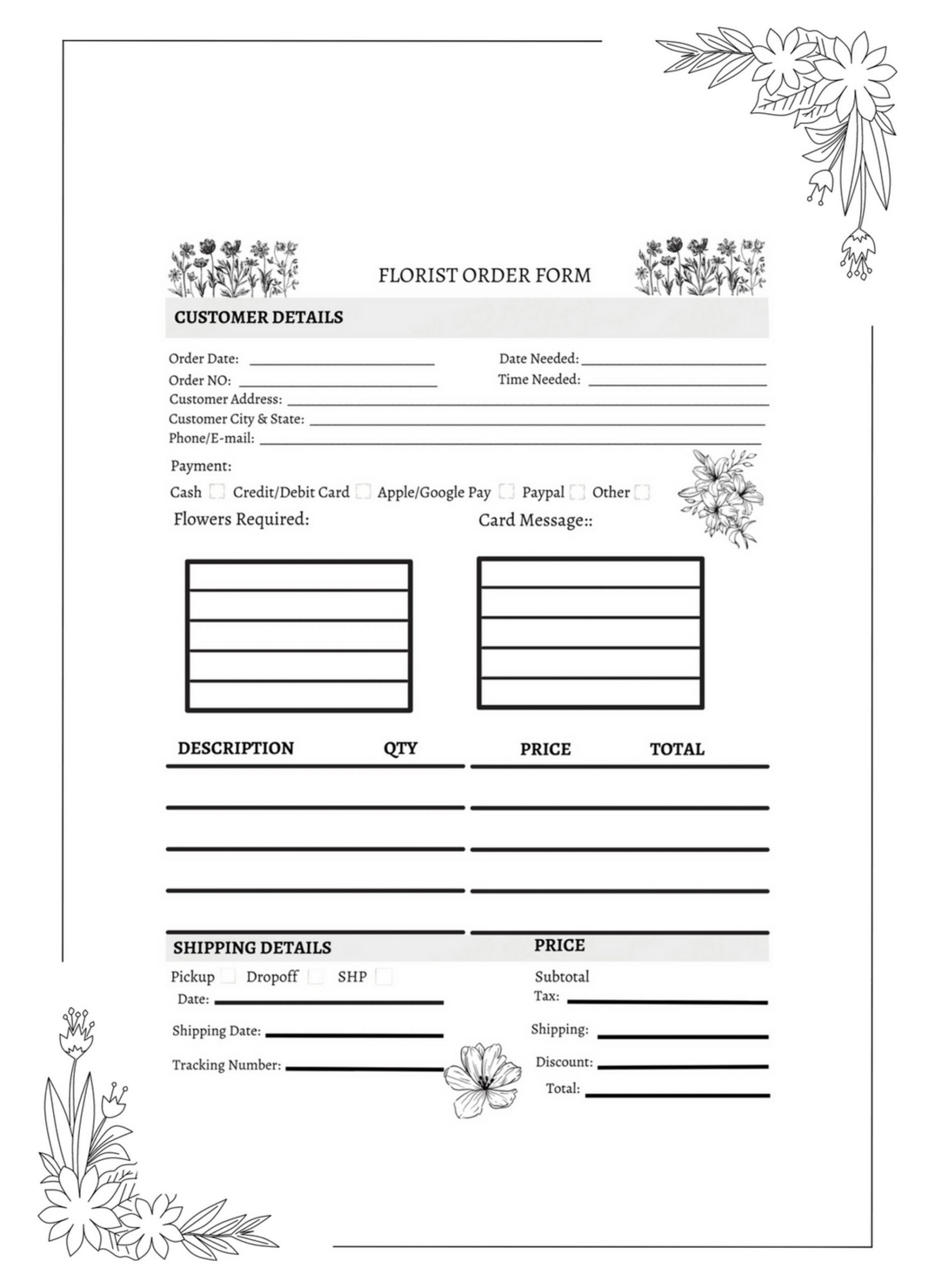 Printable Free Floral Order Form Template