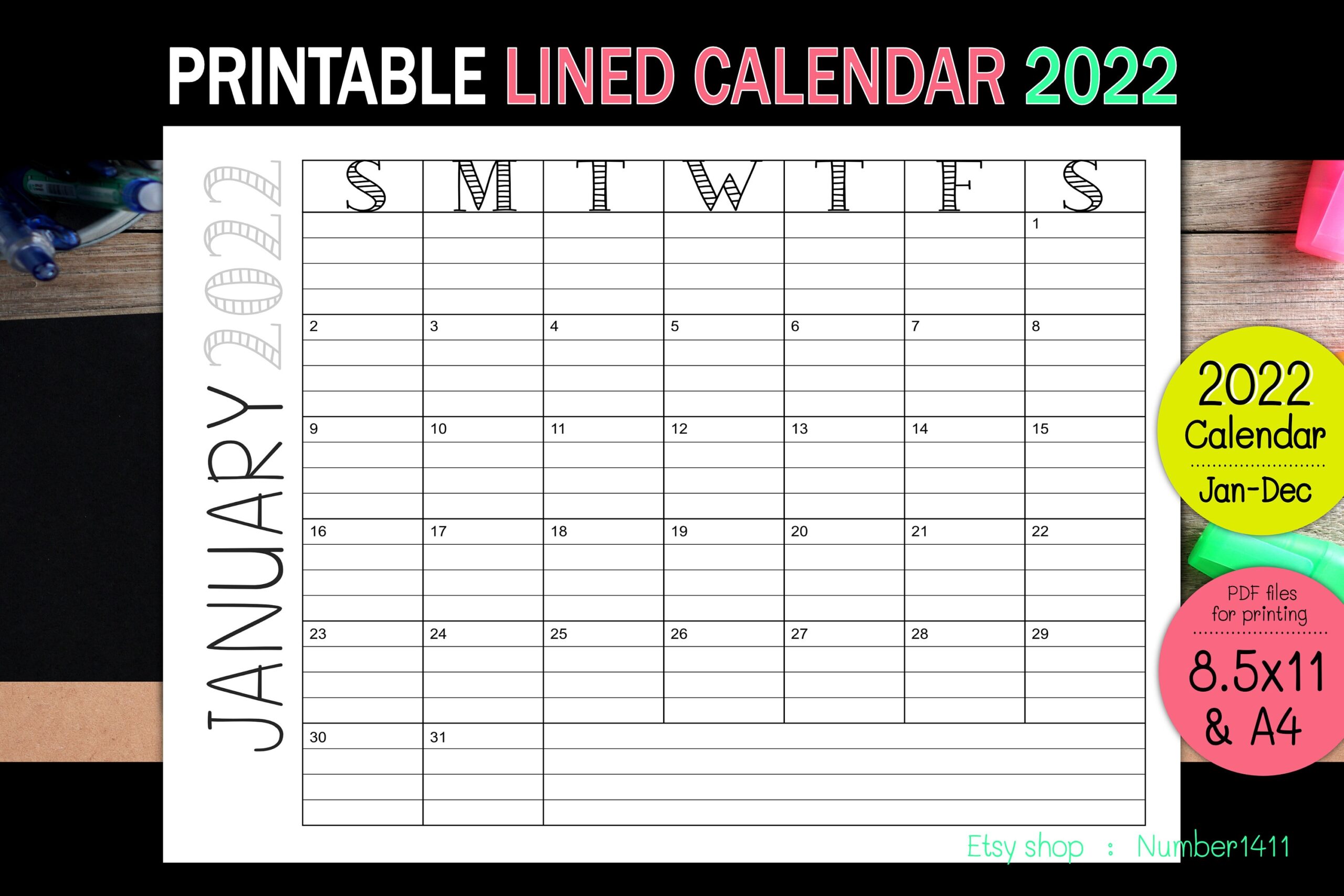 Printable Lined Calendar 2022 L 2022 Monthly Planner L 2022 Calendar Template L JAN DEC L Size 8 5x11