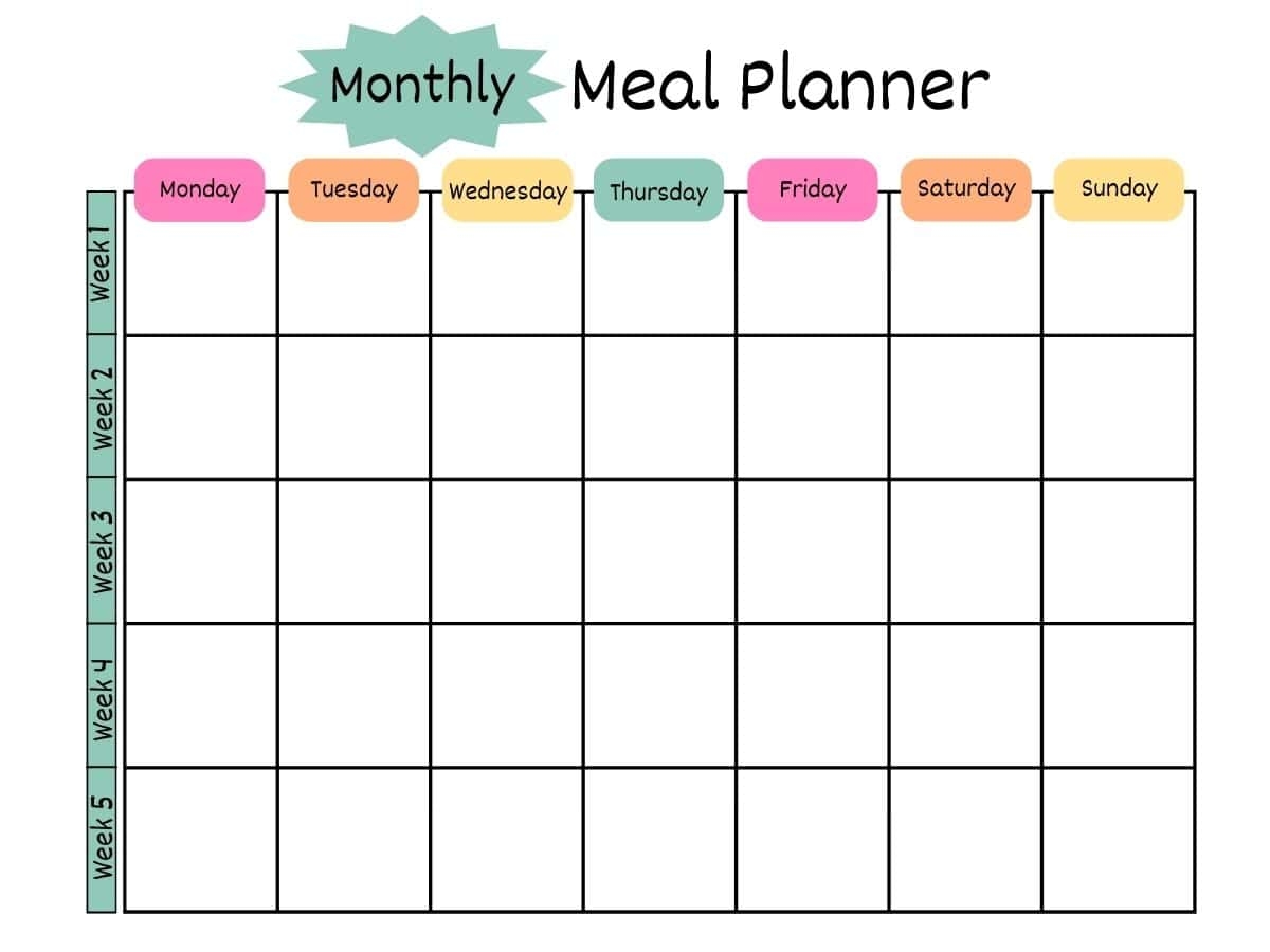 Monthly Menu Template Free Printable