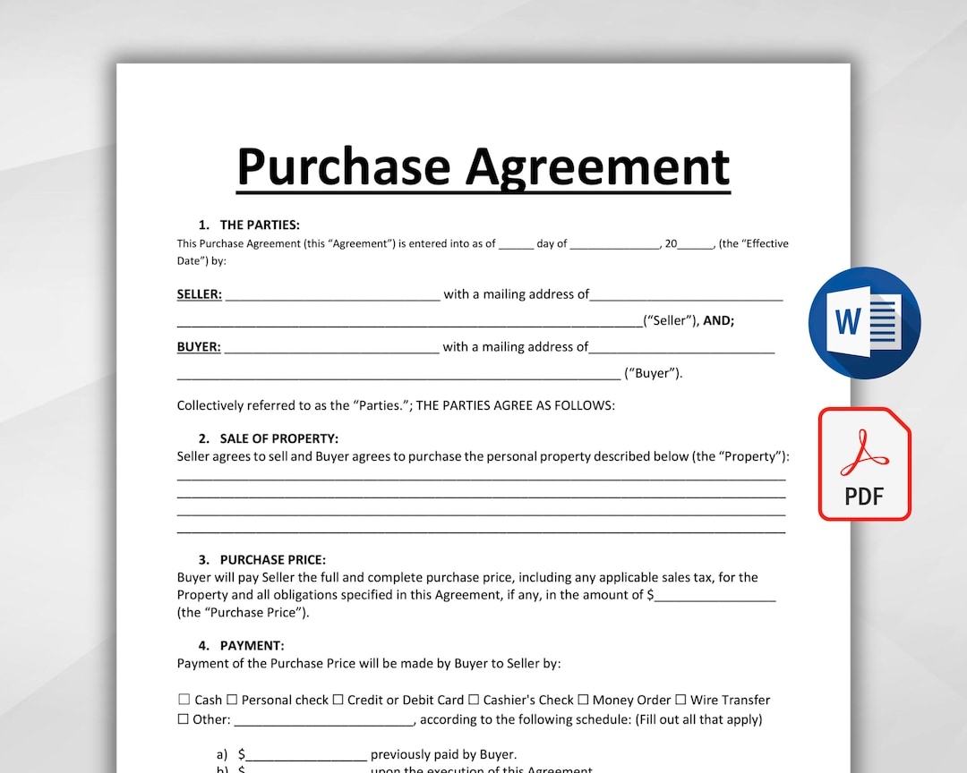 Printable Purchase Agreement Template Editable Purchase And Sale Contract Contract Of Sales Property Purchase Agreement PDF U0026 MS Word Etsy