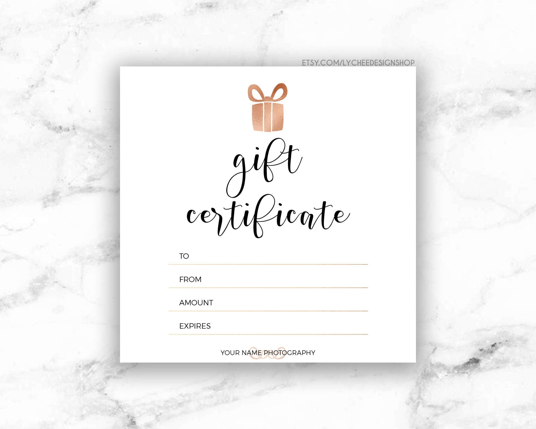 Printable Rose Gold Gift Certificate Template Editable Photography Studio Gift Card Design Photoshop Template PSD INSTANT DOWNLOAD