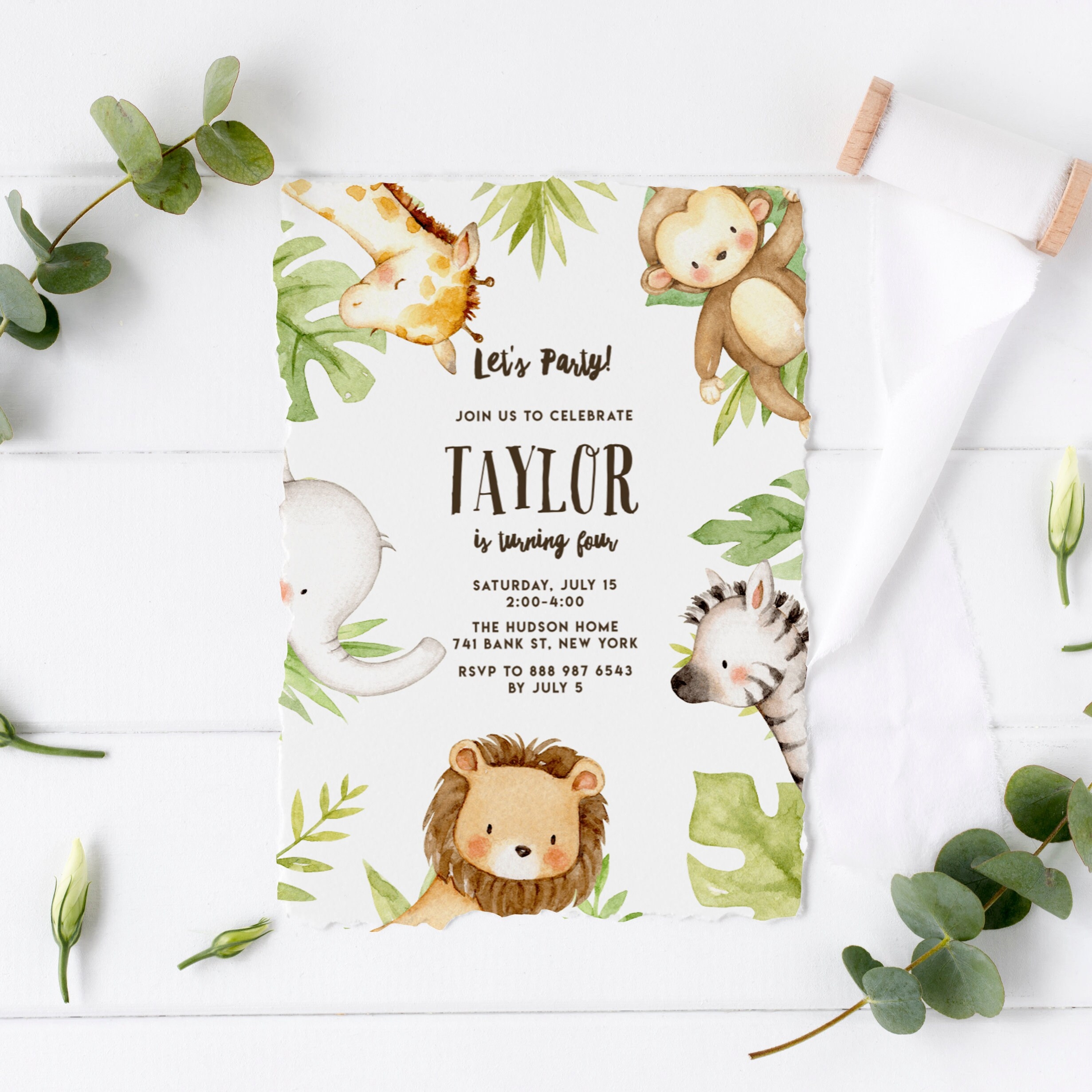 Printable Safari Birthday Party Invitation Template Cute Watercolor Safari Animals DIY Editable Jungle First Birthday Invite SF87 Etsy
