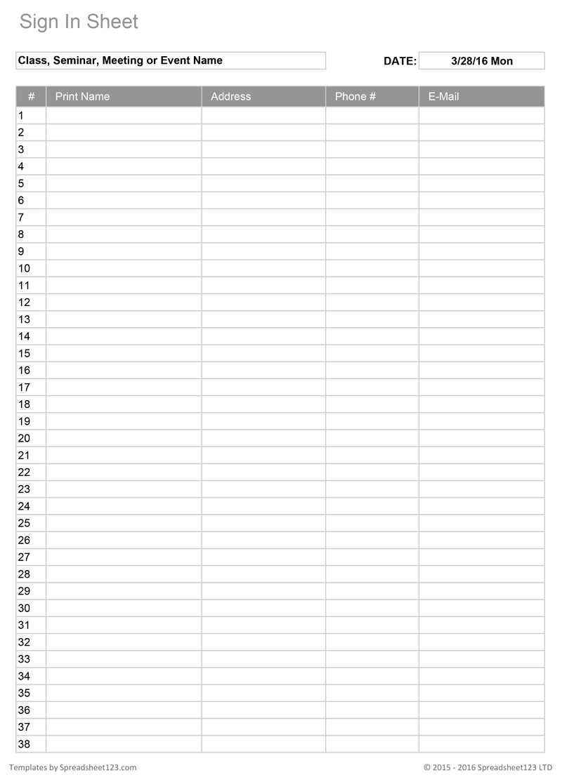 Sign In Sheet Template Free Printable
