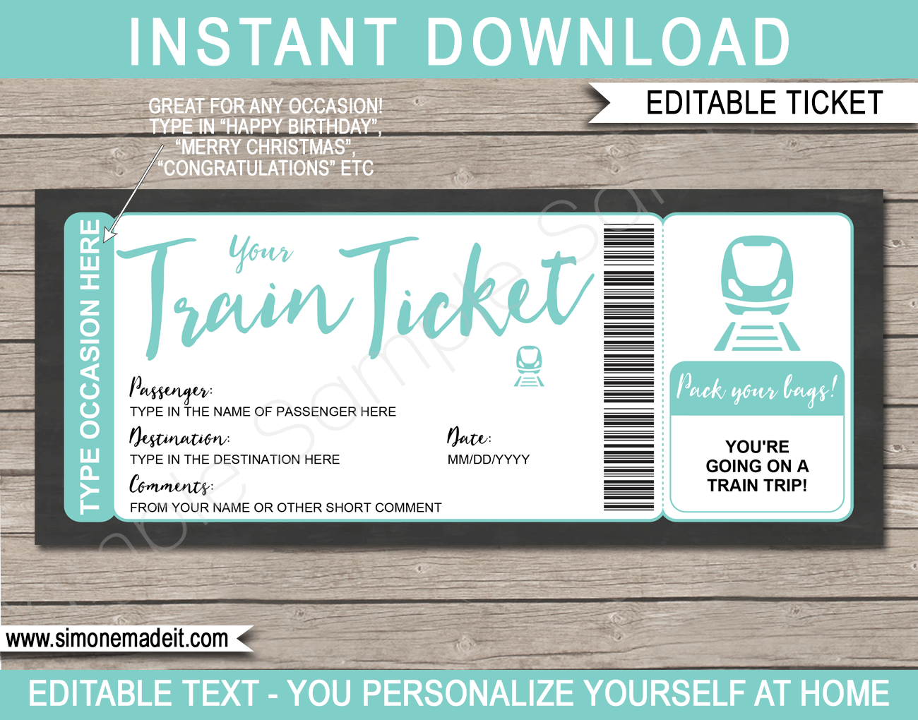 Printable Train Ticket Gift Voucher Template Surprise Train Trip Reveal