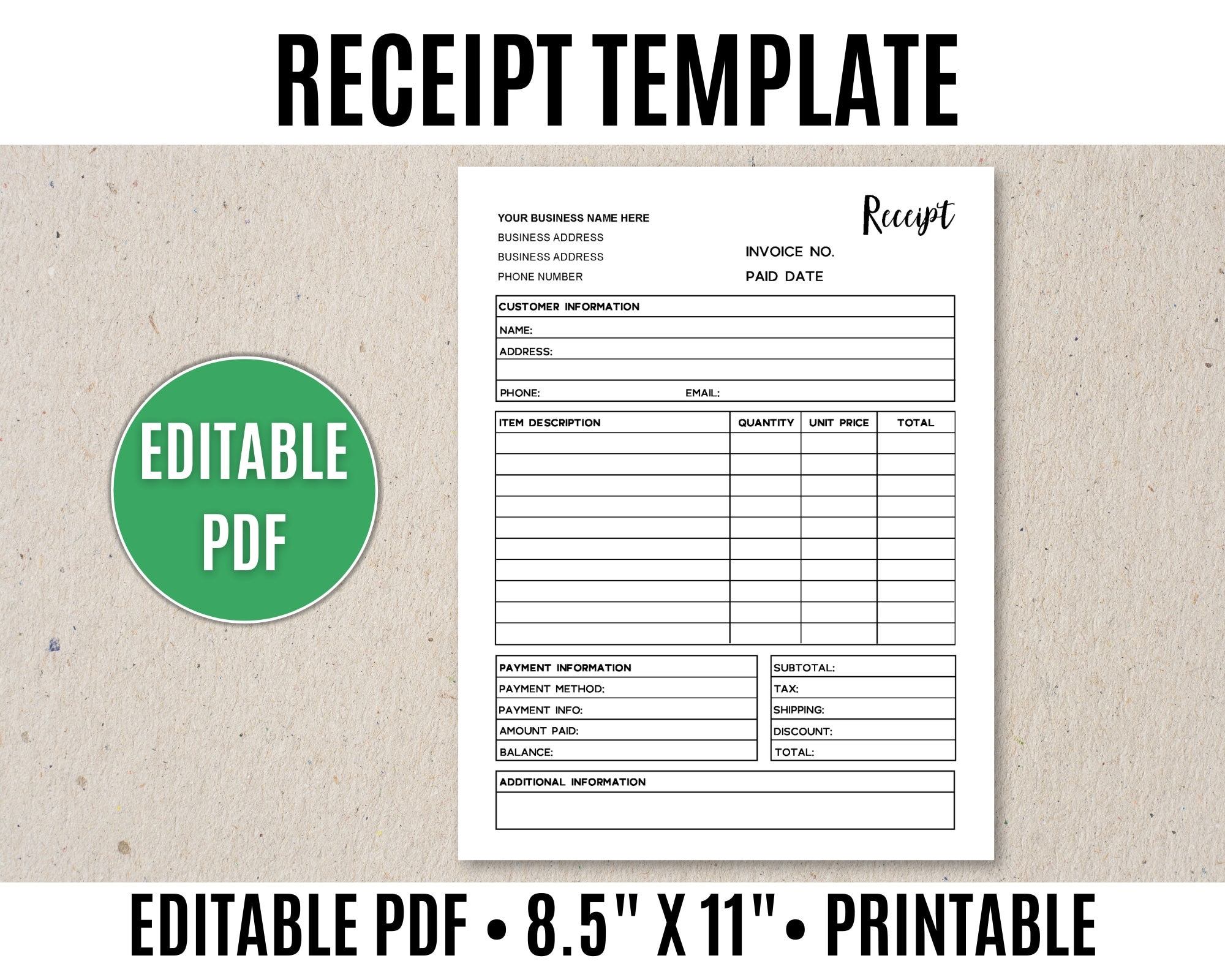 Receipt Template Editable Printable Order Receipt Editable PDF 