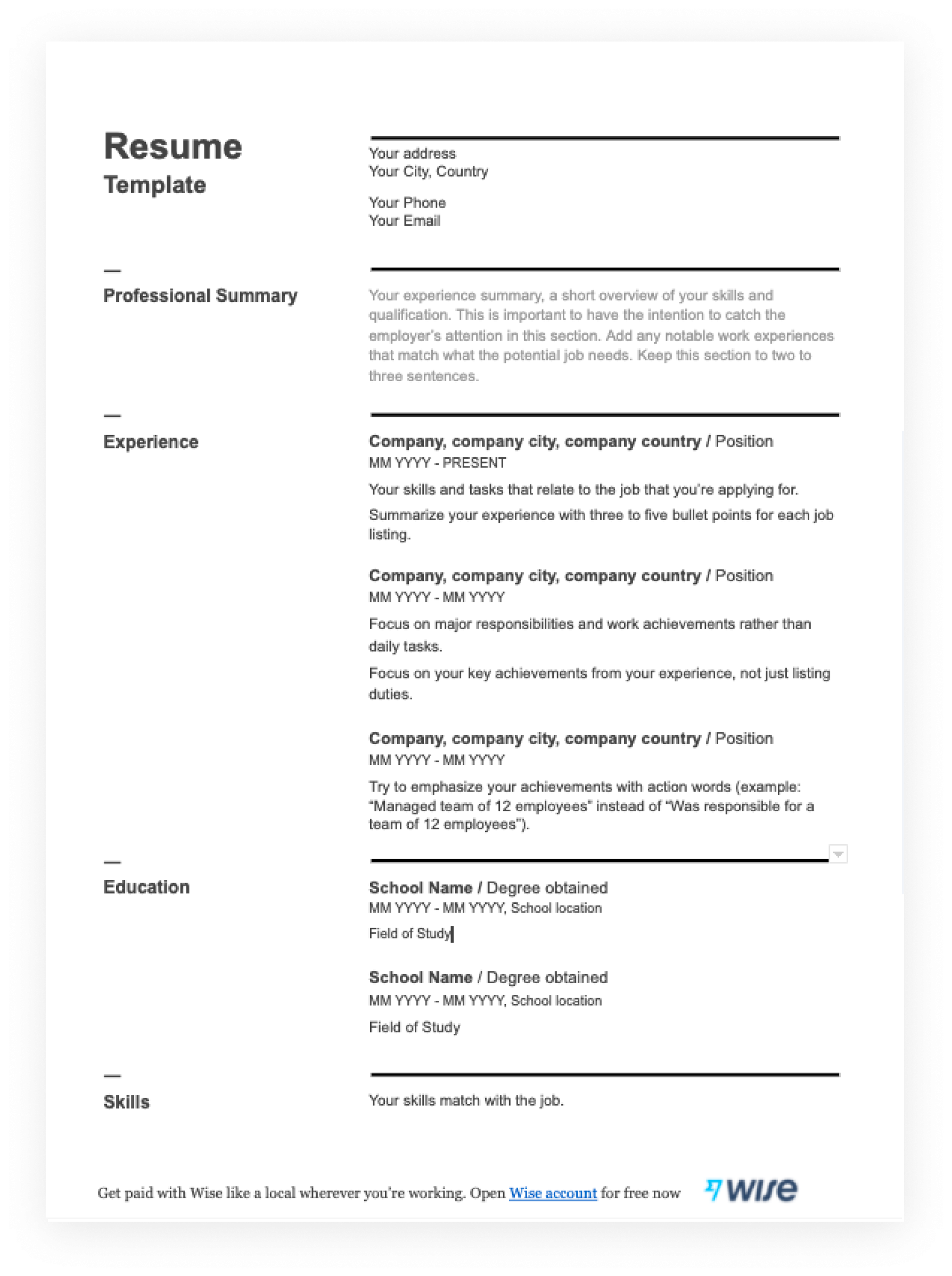 Free Printable Resume Templates Pdf
