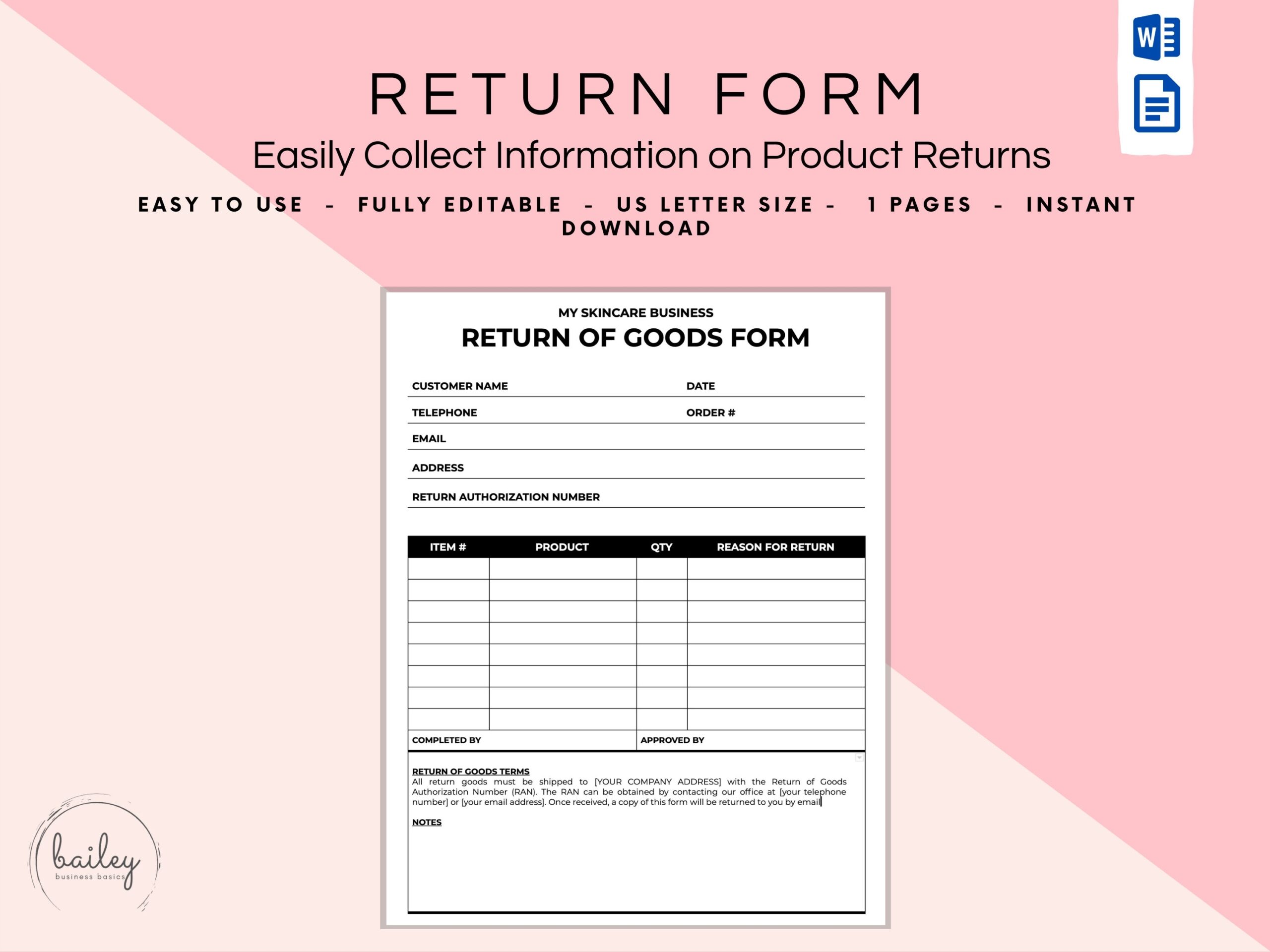 Return Of Goods Form Return Form Merchandise Return Form Etsy UK