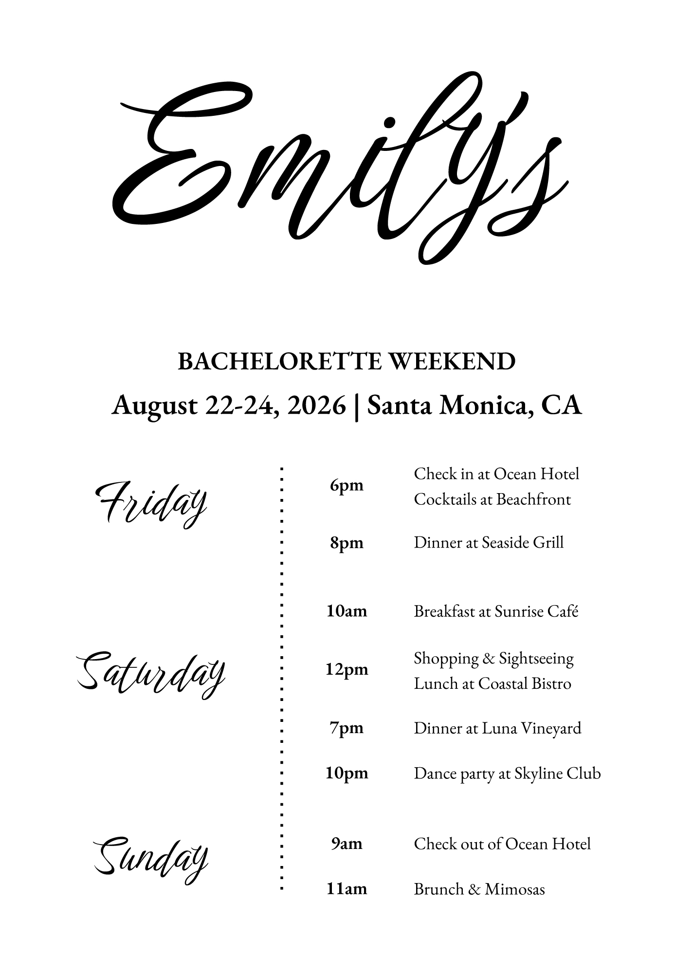 Free Printable Bachelorette Itinerary Template