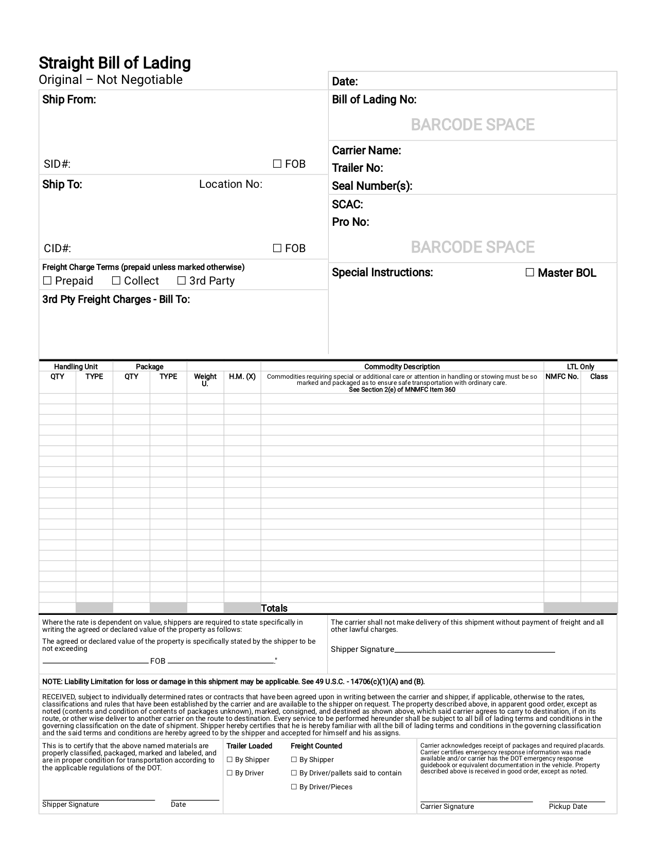 Free Printable Blank Bill Of Lading