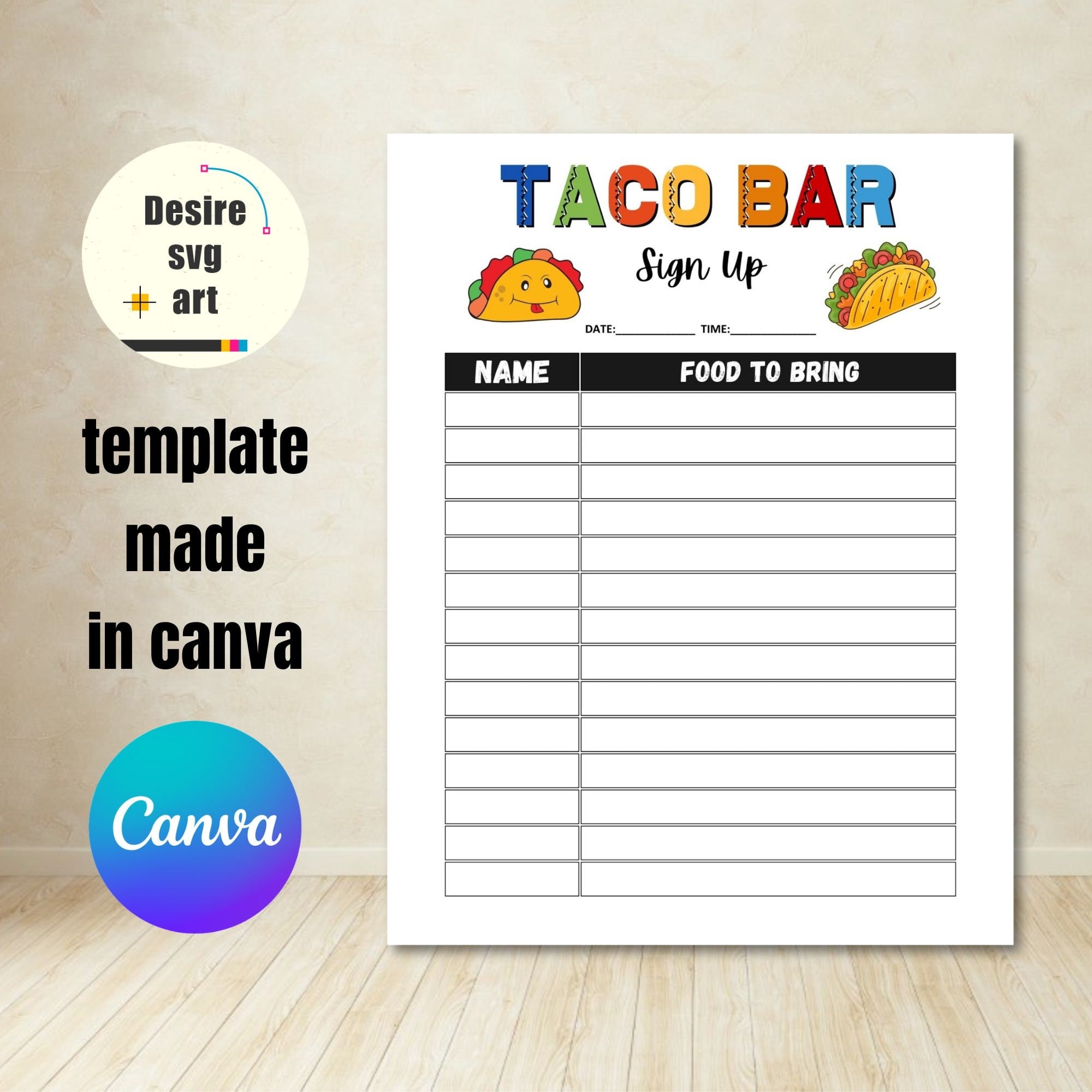 Taco Fiesta Stylish Taco Bar Sign Up Sheet Template Printable For Mexican Fiesta Potluck Party Canva Template Etsy