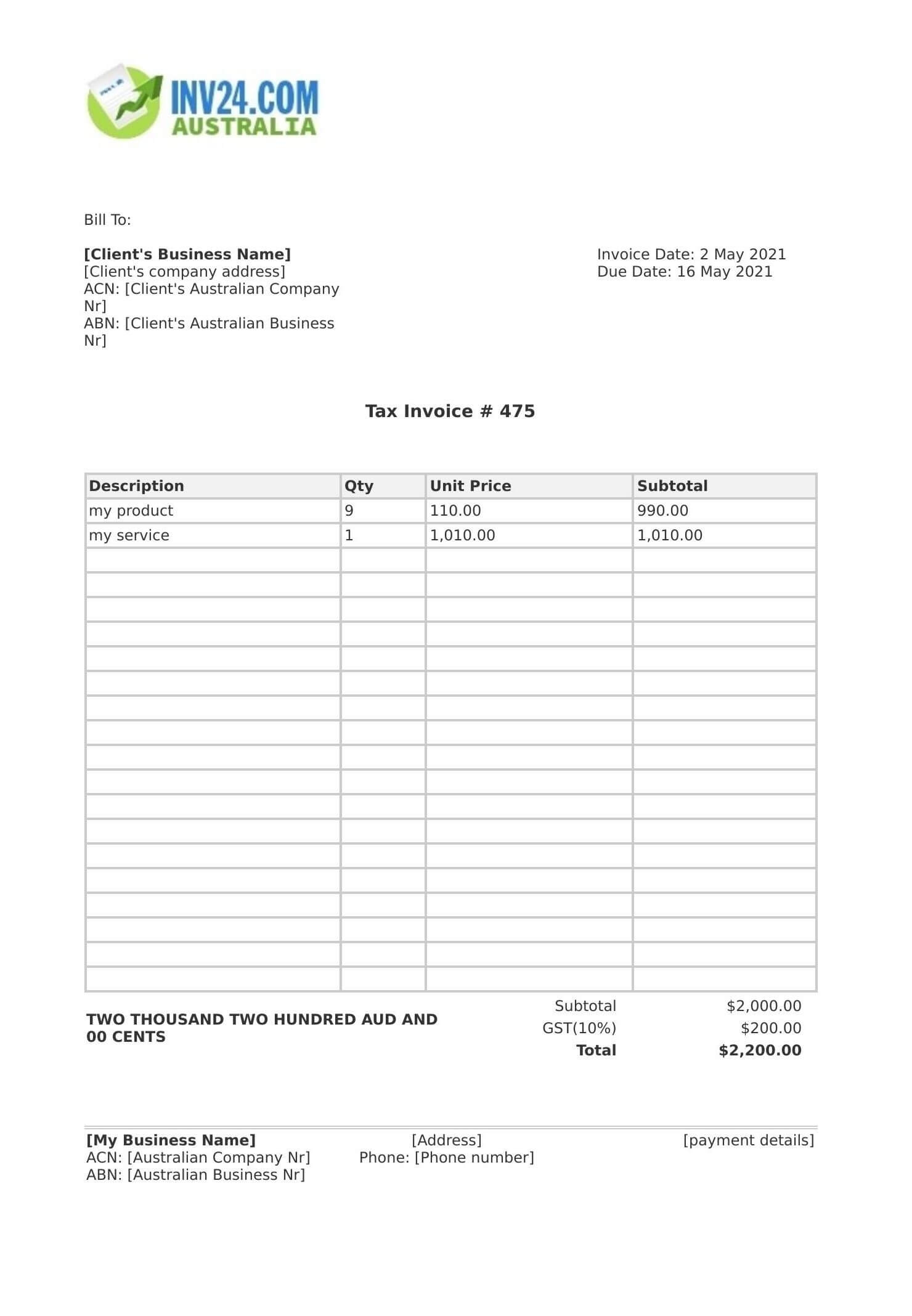 Free Printable Tax Invoice Template Australia