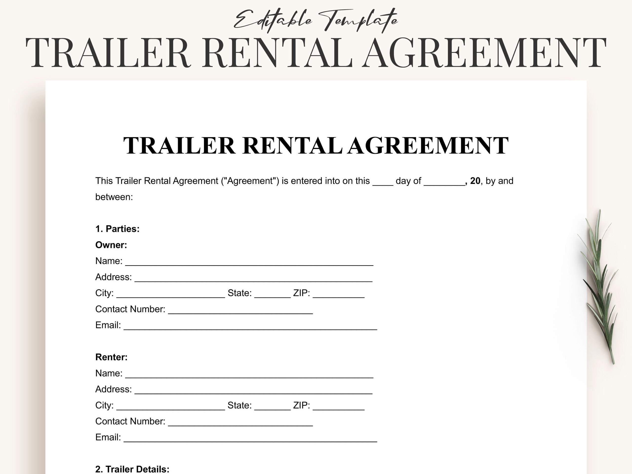 Trailer Rental Agreement Template Pdf U0026 Word Printable Dump Trailer Rental Contract Template Utility Trailer Rental semi Trailer Lease Etsy UK