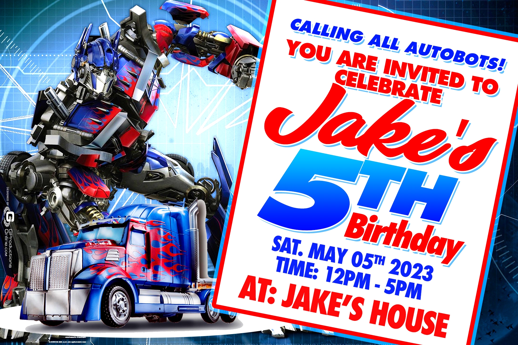 Transformers Autobots Birthday Invitation Optimus Prime Birthday Party Invite Editable Photoshop Template GProductionsOnline