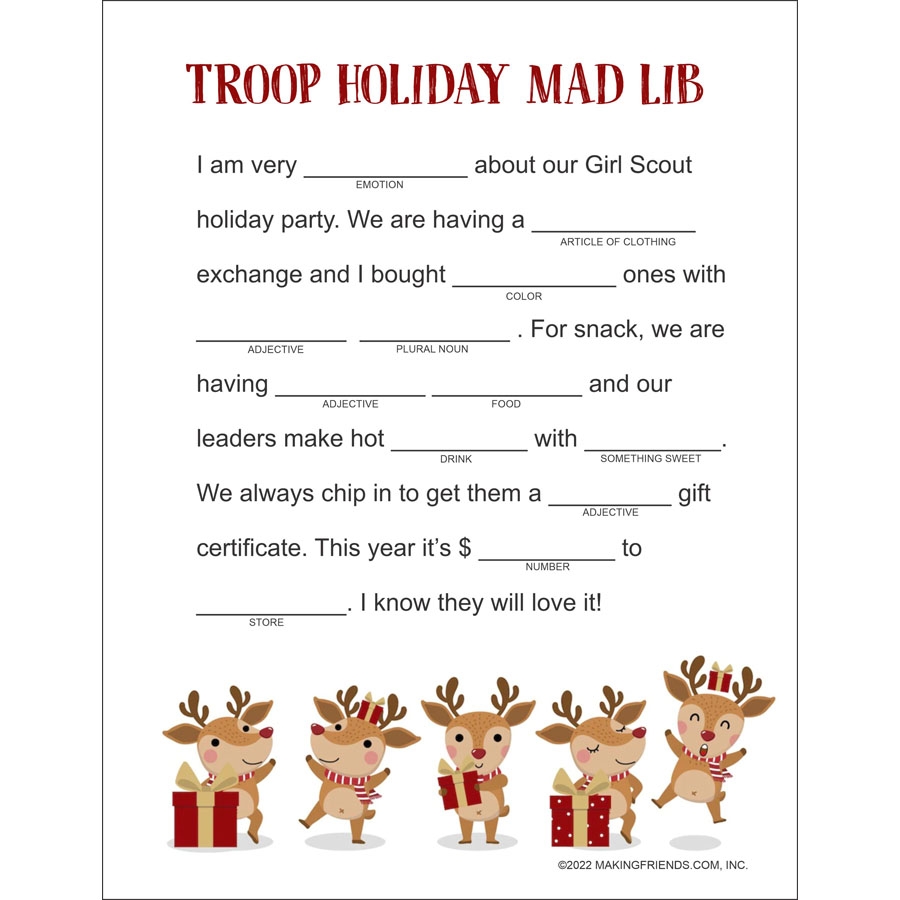 Troop Holiday Party Mad Lib MakingFriends