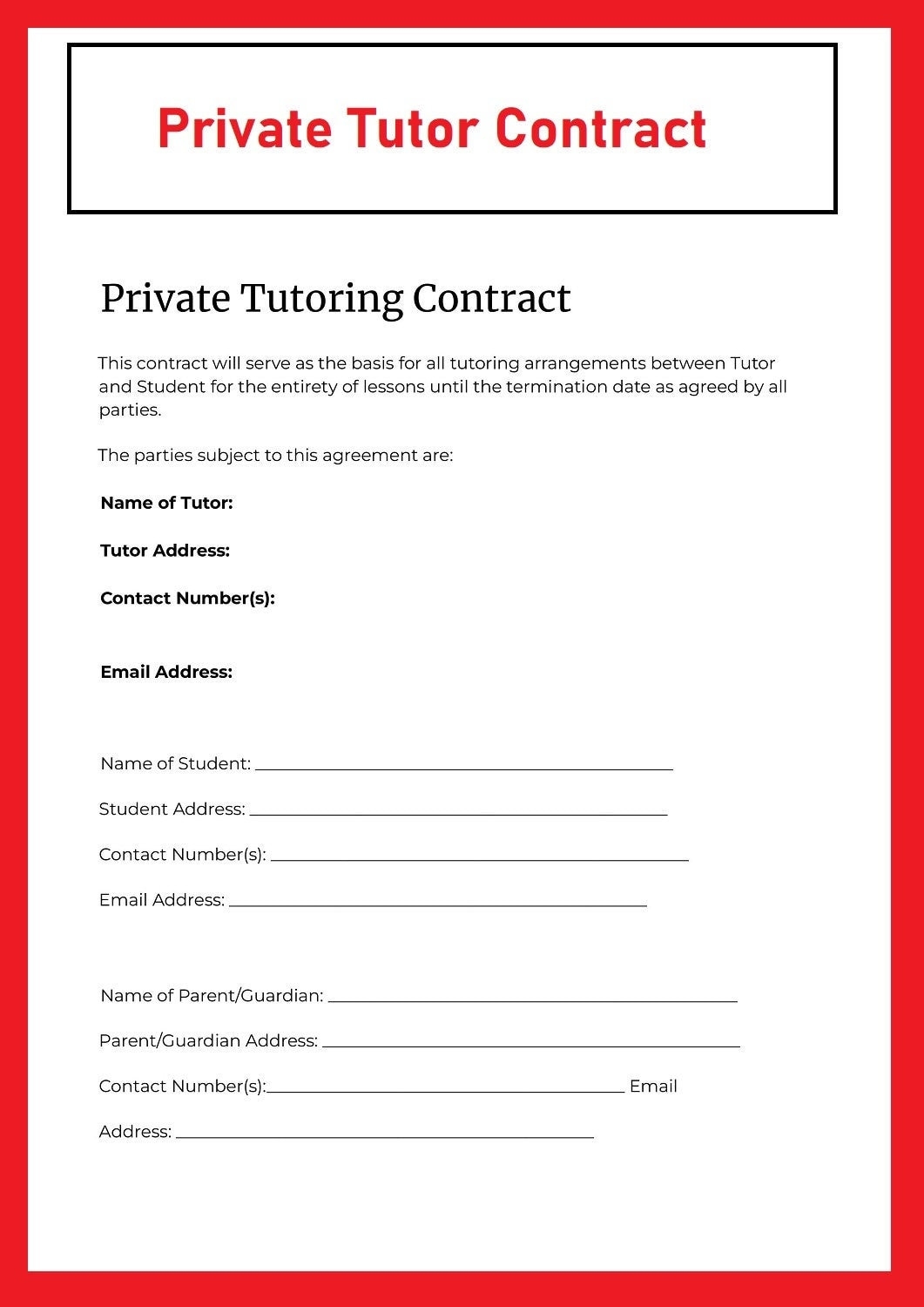 Free Printable Tutoring Registration Form Templates