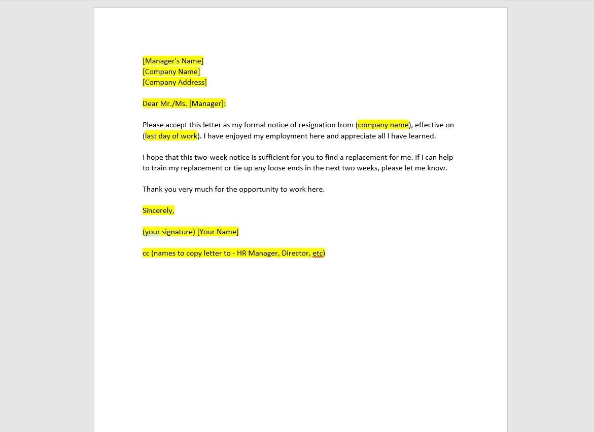2 Week Notice Template Free Printable