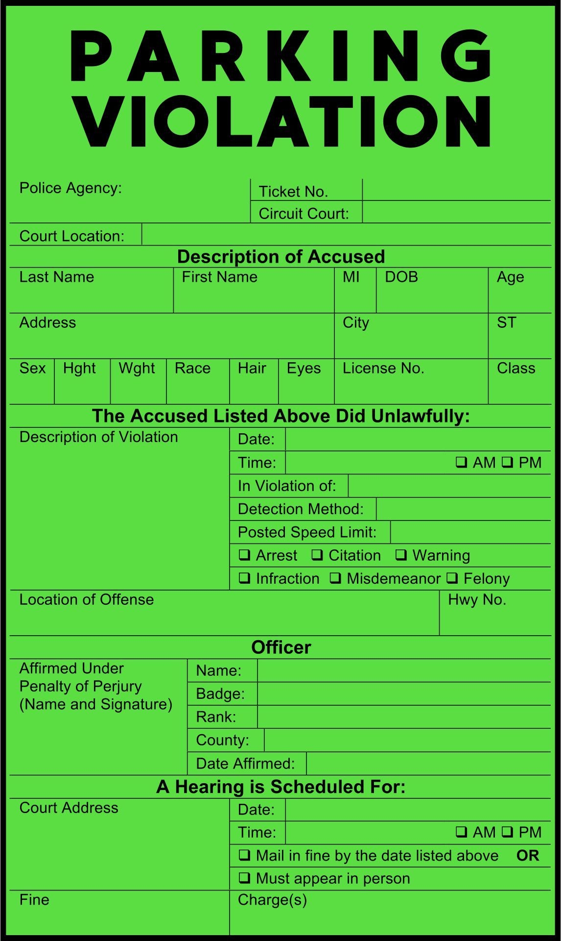 Free Printable Blank Parking Violation