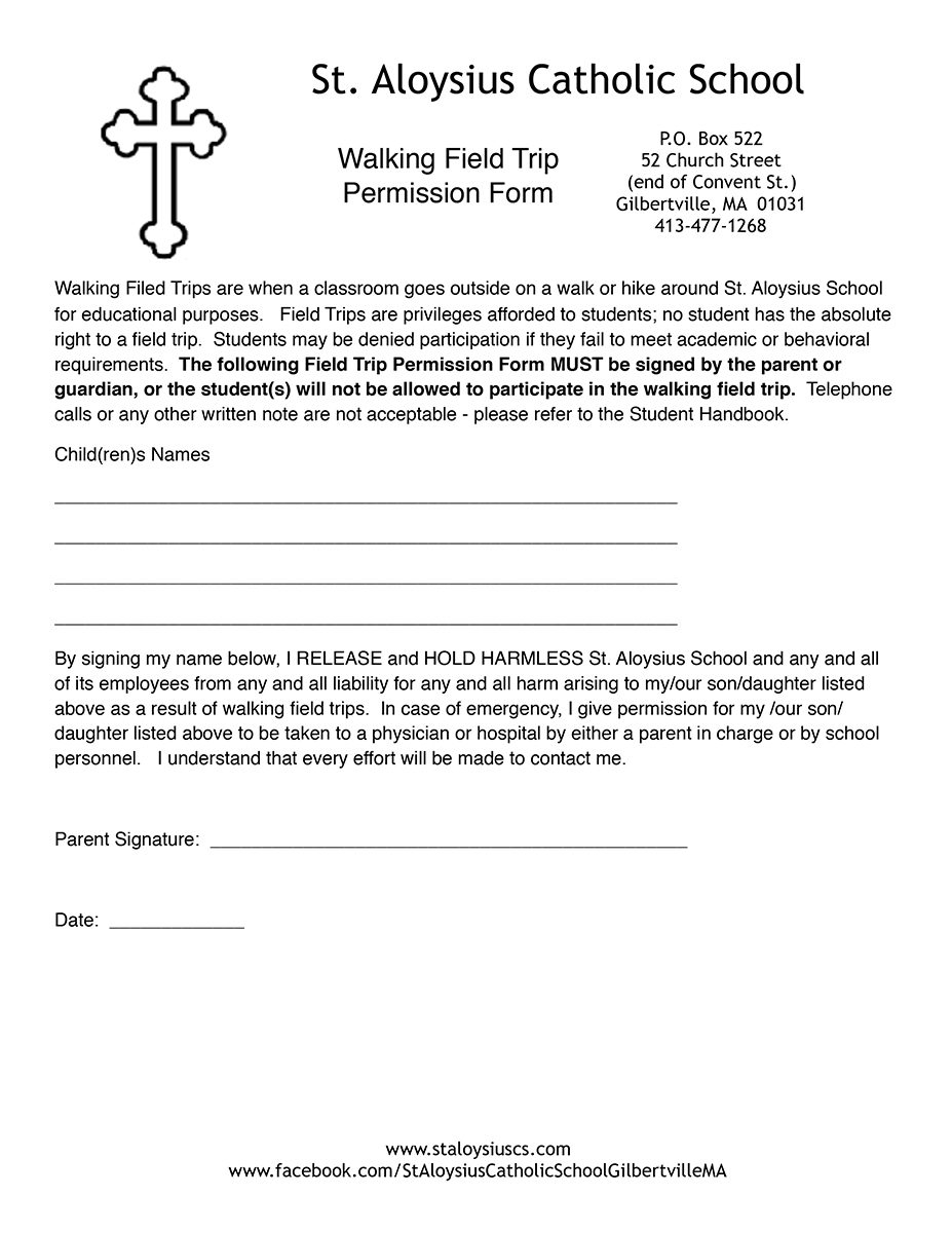Walking Field Trip Permission Form St Aloysius Catholic School