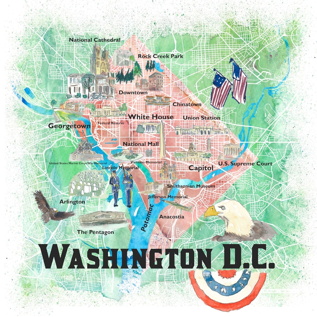 Washington DC USA Illustrated Map With Main Roads Landmarks And Highlights Etsy