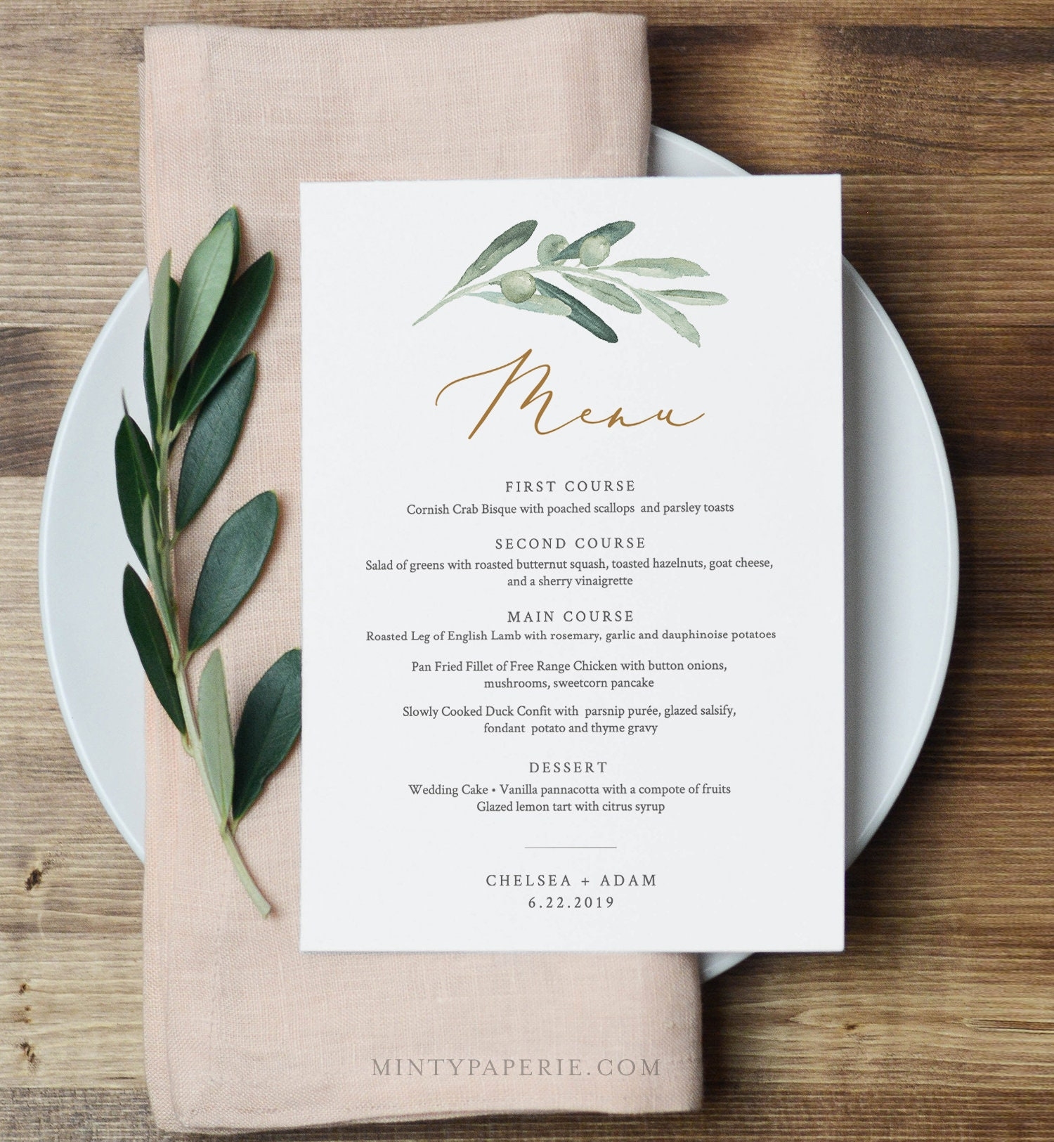 Wedding Menu Card Template Watercolor Olive Greenery U0026 Gold 