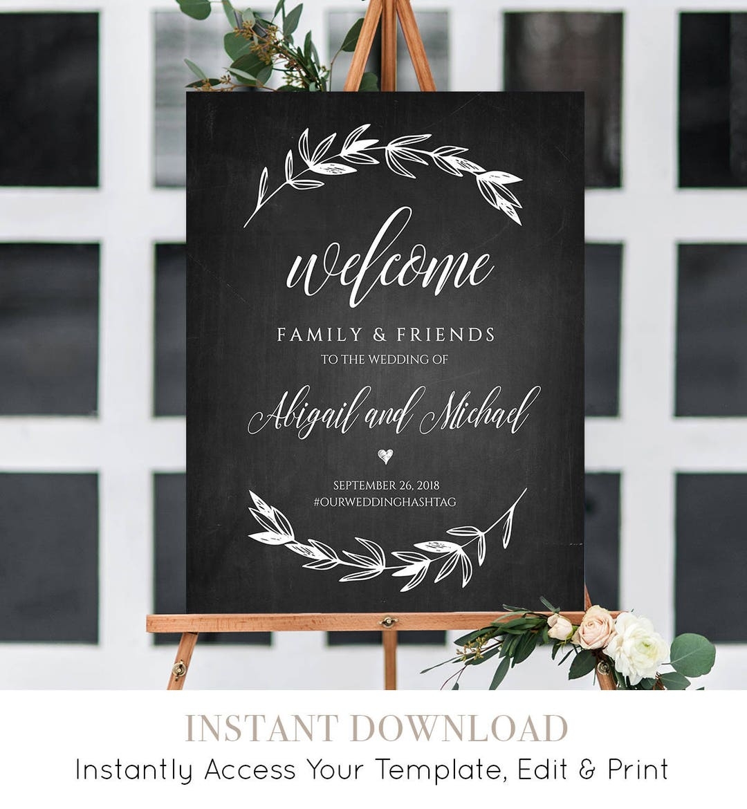 Wedding Welcome Sign Template Chalkboard Wedding Poster Printable Rustic Laurels 100 Editable Instant Download 18x24 24x36 023 101LS Etsy