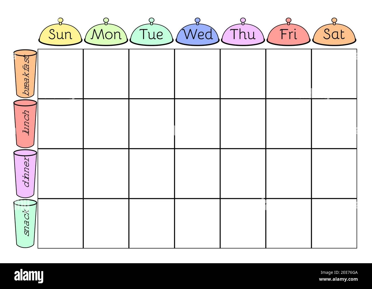 Weekly Menu A4 Printable Planner Template Meal Schedule Blank With Plates And Glasses Undated Weekly Vector Calendar Stock Vector Image U0026 Art Alamy