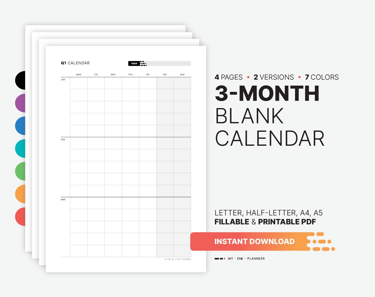 Yearly 3 month Calendar Quarterly Fillable Planner Template Yearly U0026 Monthly Wall Calendar Printable Letter Half letter A4 A5 PDF Etsy