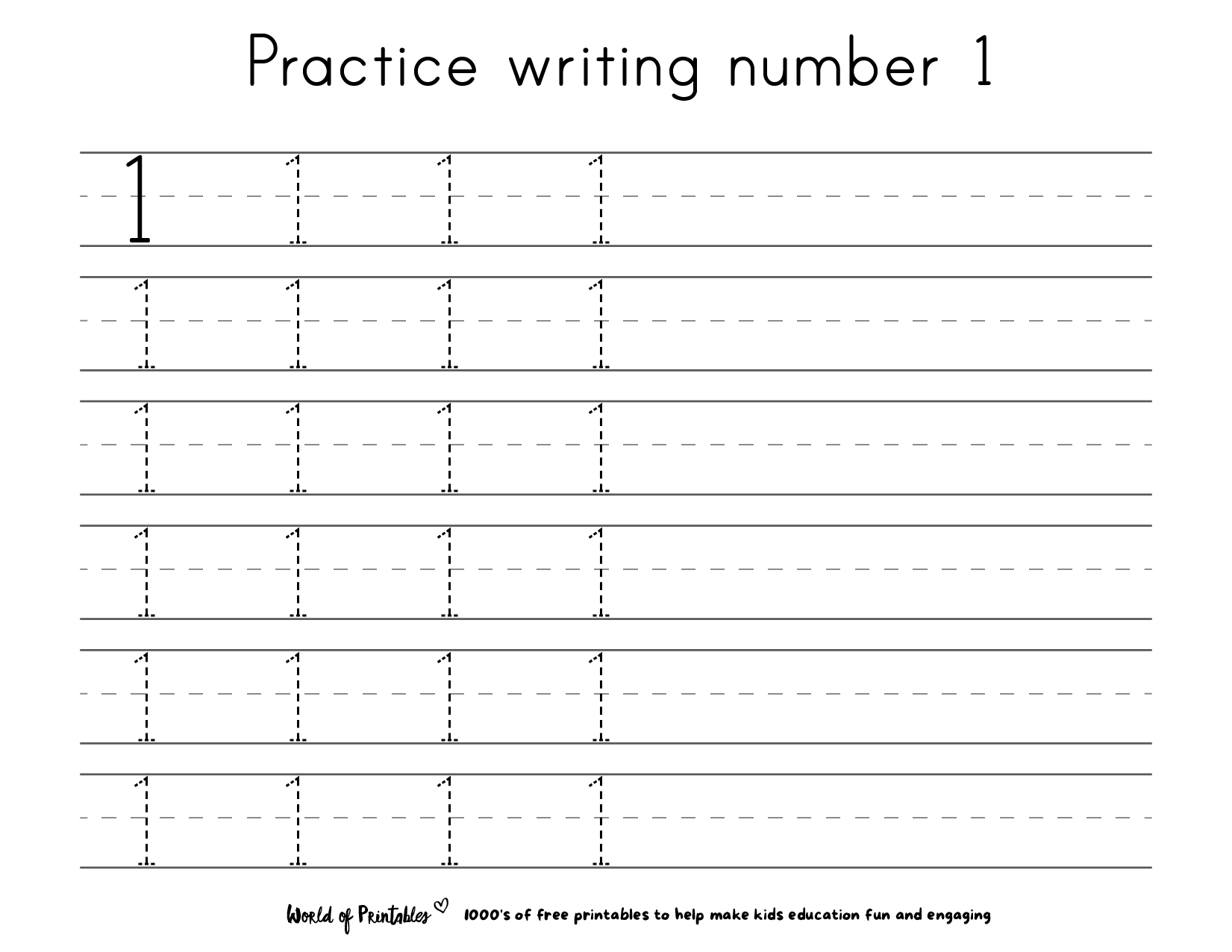 Free printable 1 10 Number Practice Sheet for tracing the number 1