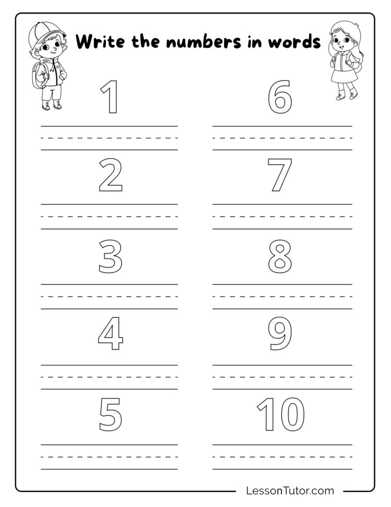 1 10 Worksheets For Kindergarten – Write Numbers in Words Free printable 1 10 Worksheets For Kindergarten featuring numbers to write in words