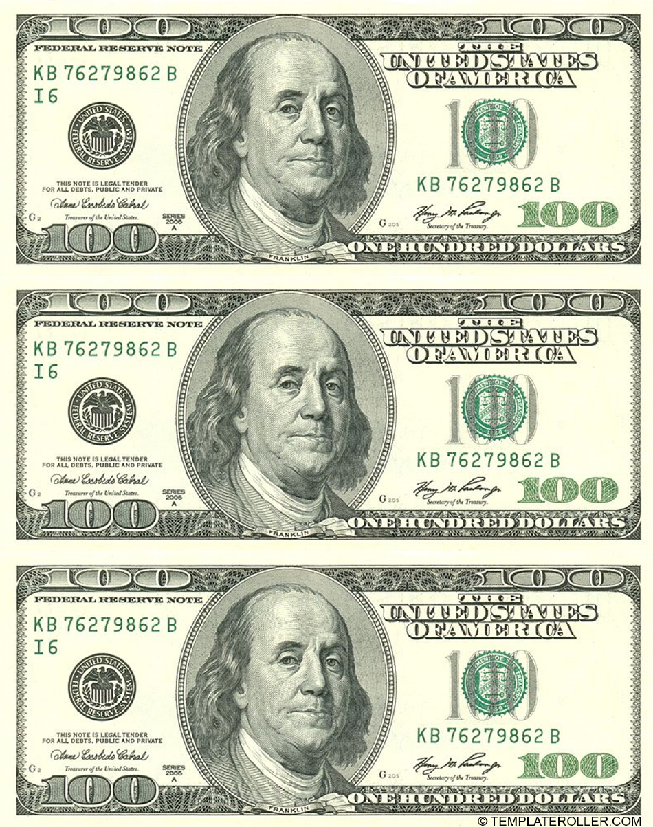 100 Dollar Bill Printable Free - Free Printable 100 Dollar Bill Actual Size - Printable Templates