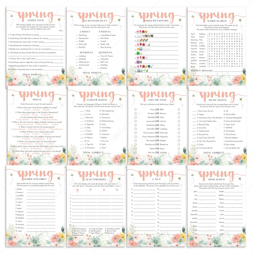 Colorful printable spring games and activities for both kids and adults