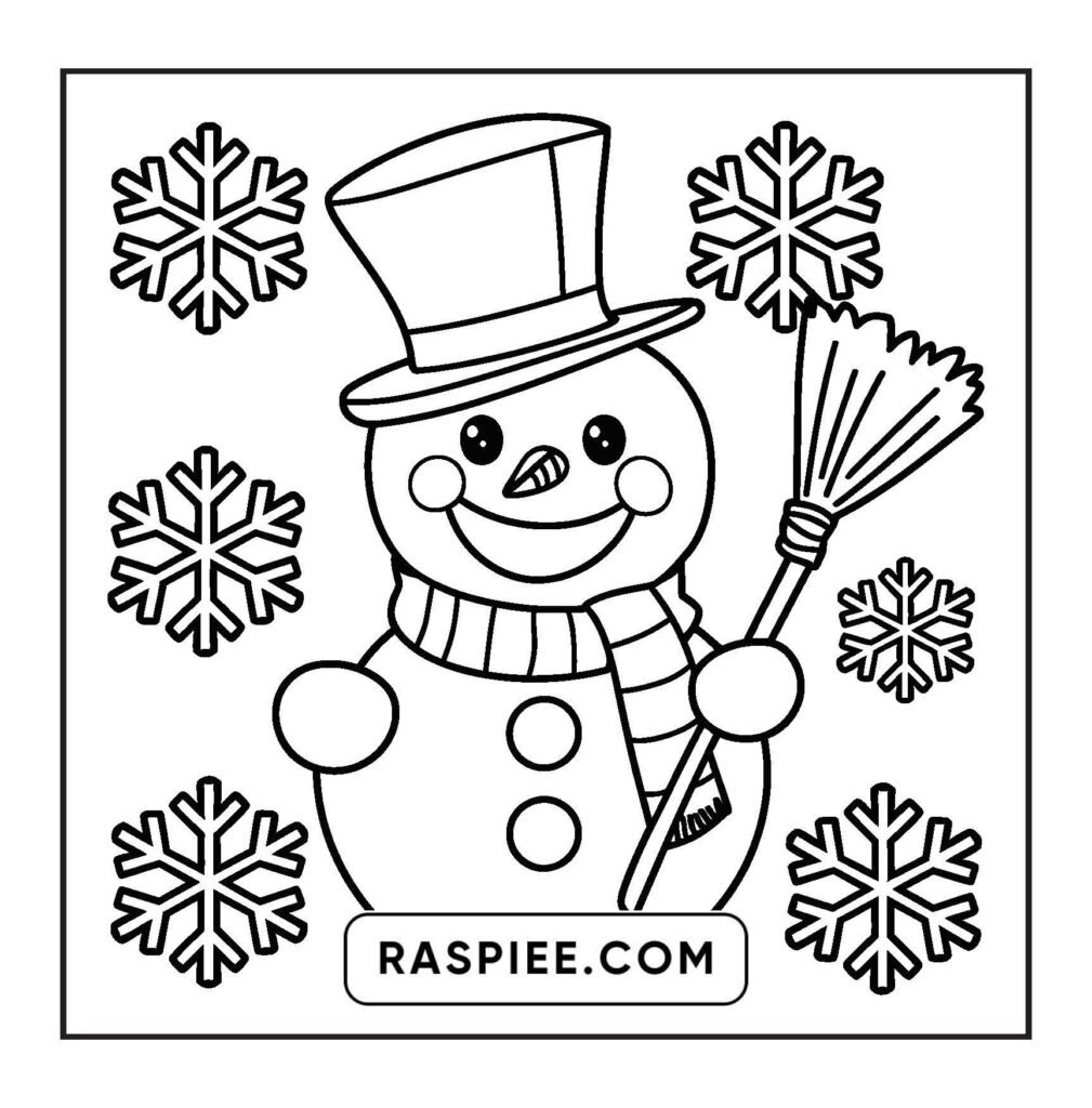Bold and Easy Christmas Coloring Pages for Kids Simple and bold Christmas coloring page featuring a smiling snowman and snowflakes