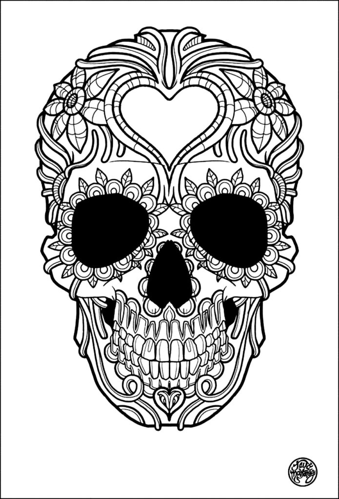 A detailed skull coloring page with floral patterns, designed for adult coloring enthusiasts