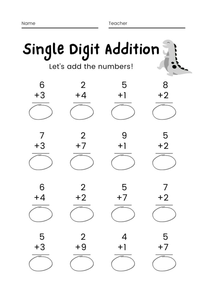 Single digit addition worksheet for 1st grade featuring fun dinosaur clipart