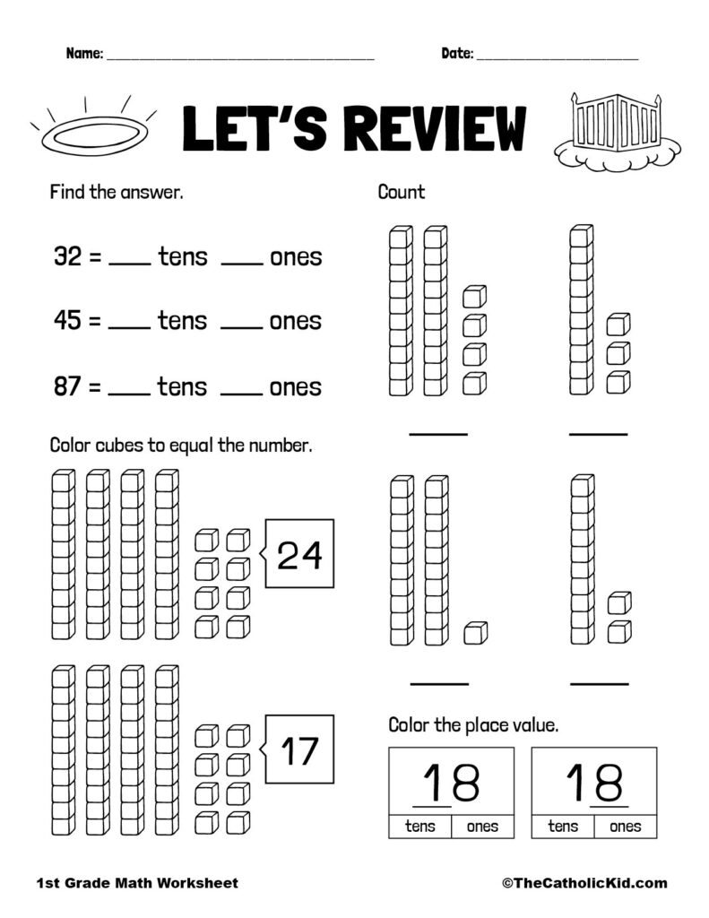 1st Grade Math Review Worksheet – TheCatholicKid.com – All For One 1st Grade Math Review Worksheet - TheCatholicKid.com - All For One