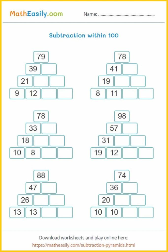 Interactive subtraction within 100 worksheet for 1st grade math practice