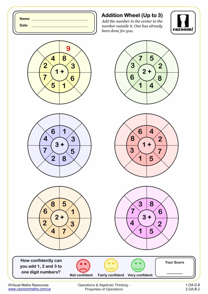 1st Grade Properties of Operations – Addition Wheel Worksheet Colorful addition wheel worksheet for 1st grade properties of operations