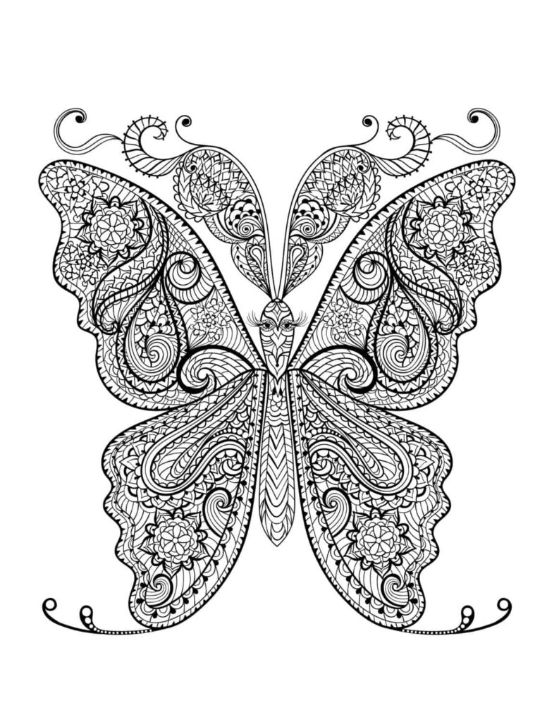 Detailed butterfly coloring page for adults with intricate patterns