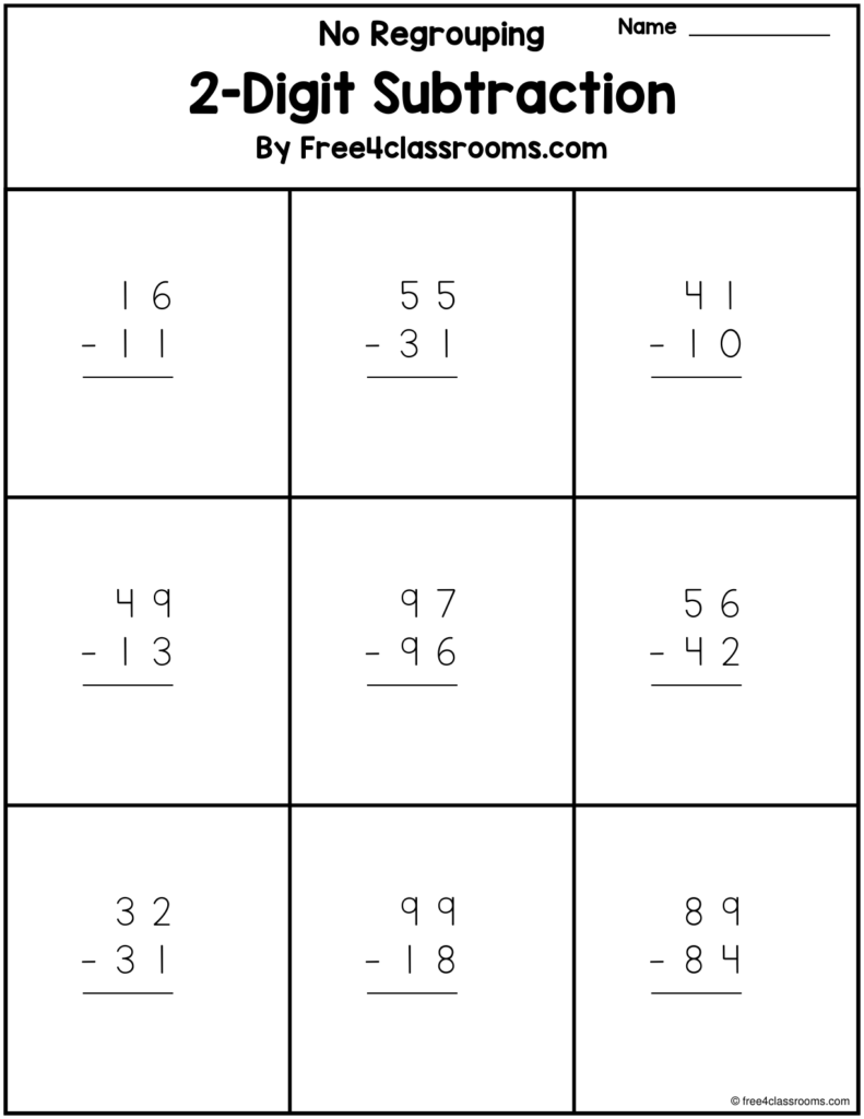 Free printable 2nd Grade Math Free Worksheets featuring two-digit subtraction without regrouping