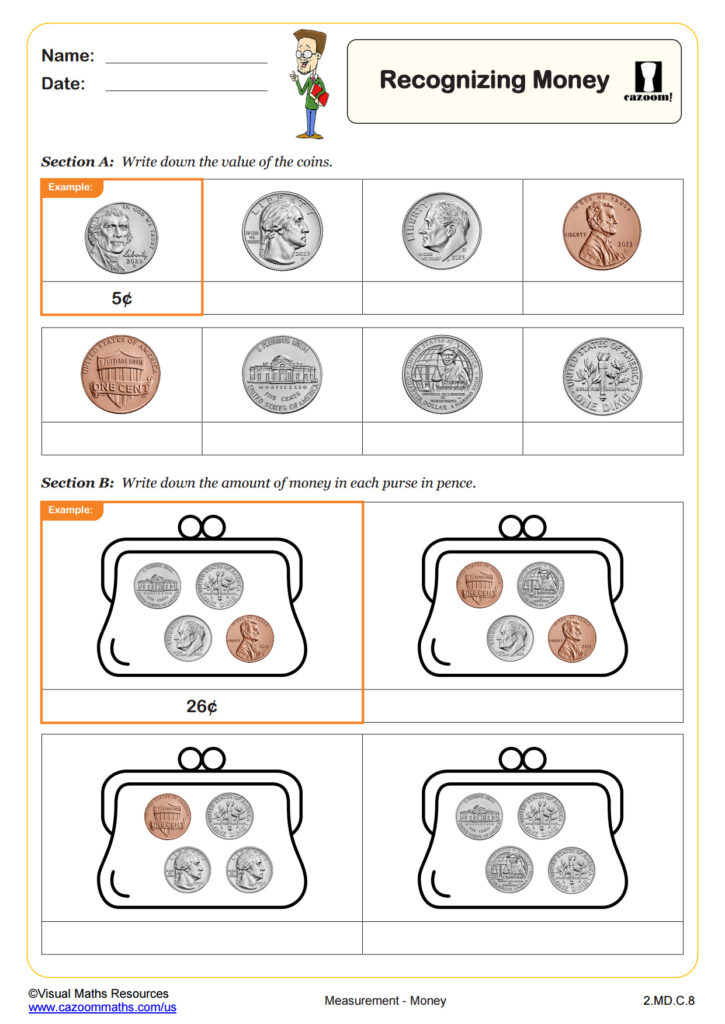2nd Grade Math Worksheets Printable – Recognizing Money Worksheet Free printable 2nd Grade Math Worksheets Printable focusing on recognizing money values