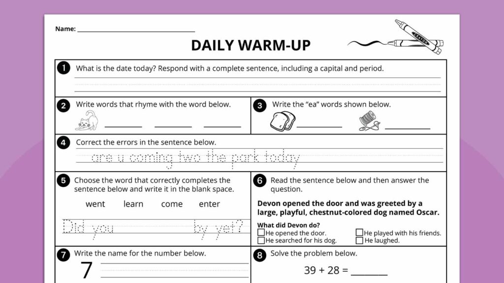 Daily warm-up worksheet for 2nd graders with writing and rhyming activities