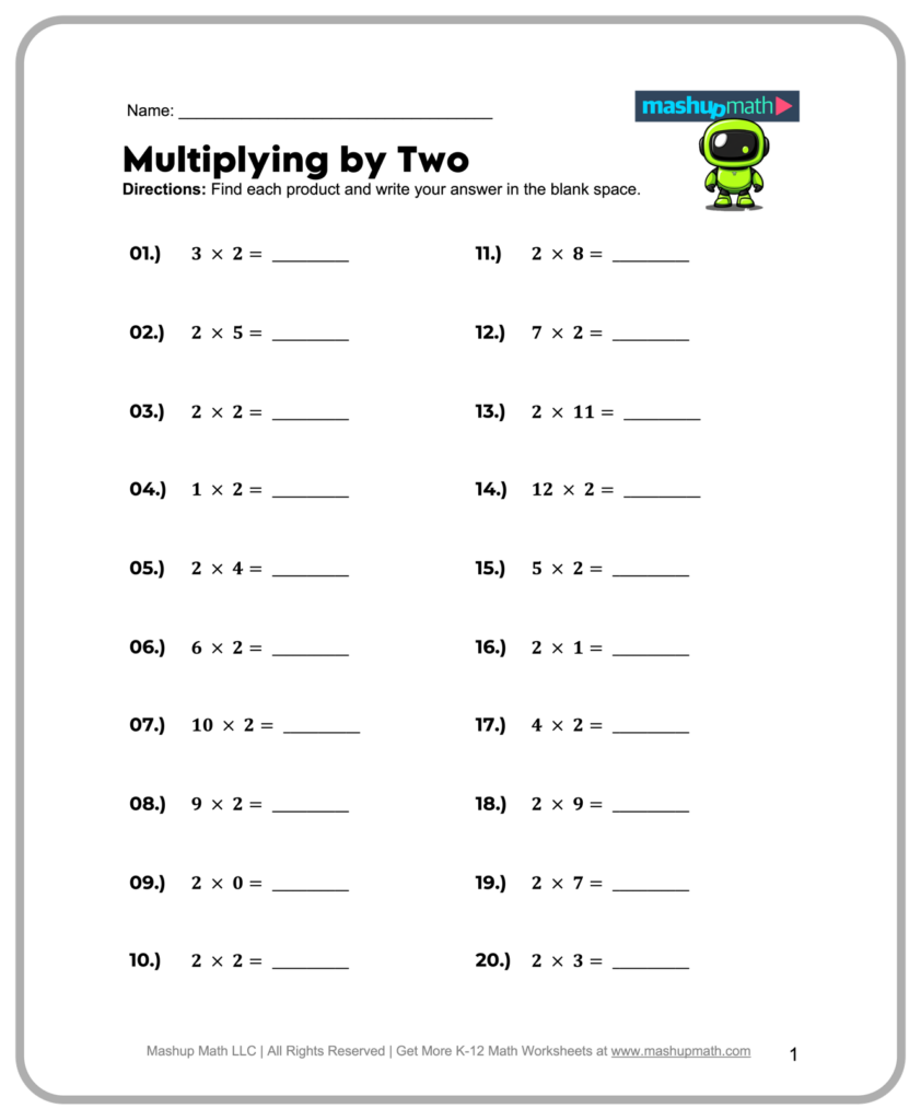 Free printable 2nd Grade Worksheets Free Printable featuring multiplying by two math problems