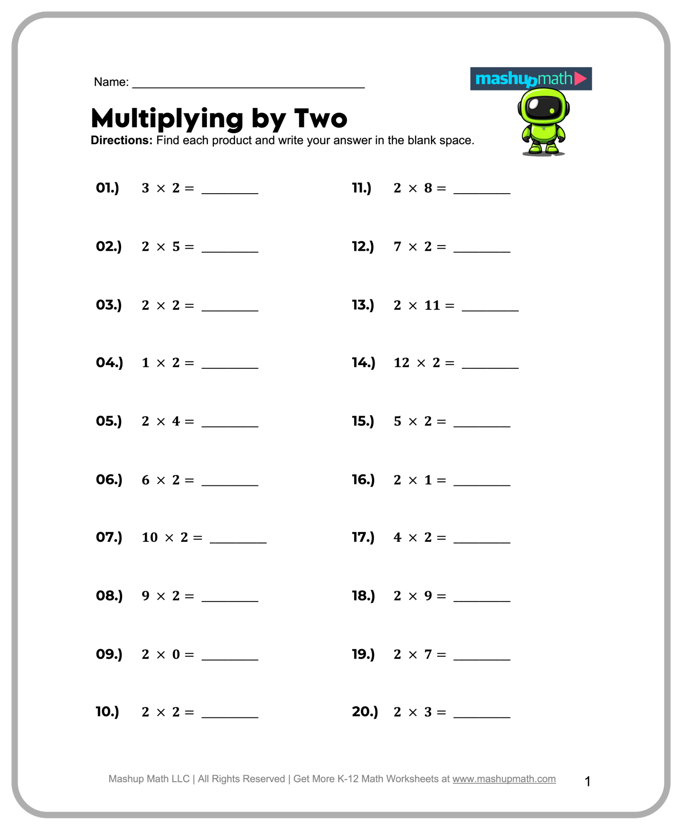 Free printable 2nd Grade Worksheets Free Printable featuring multiplying by two math problems
