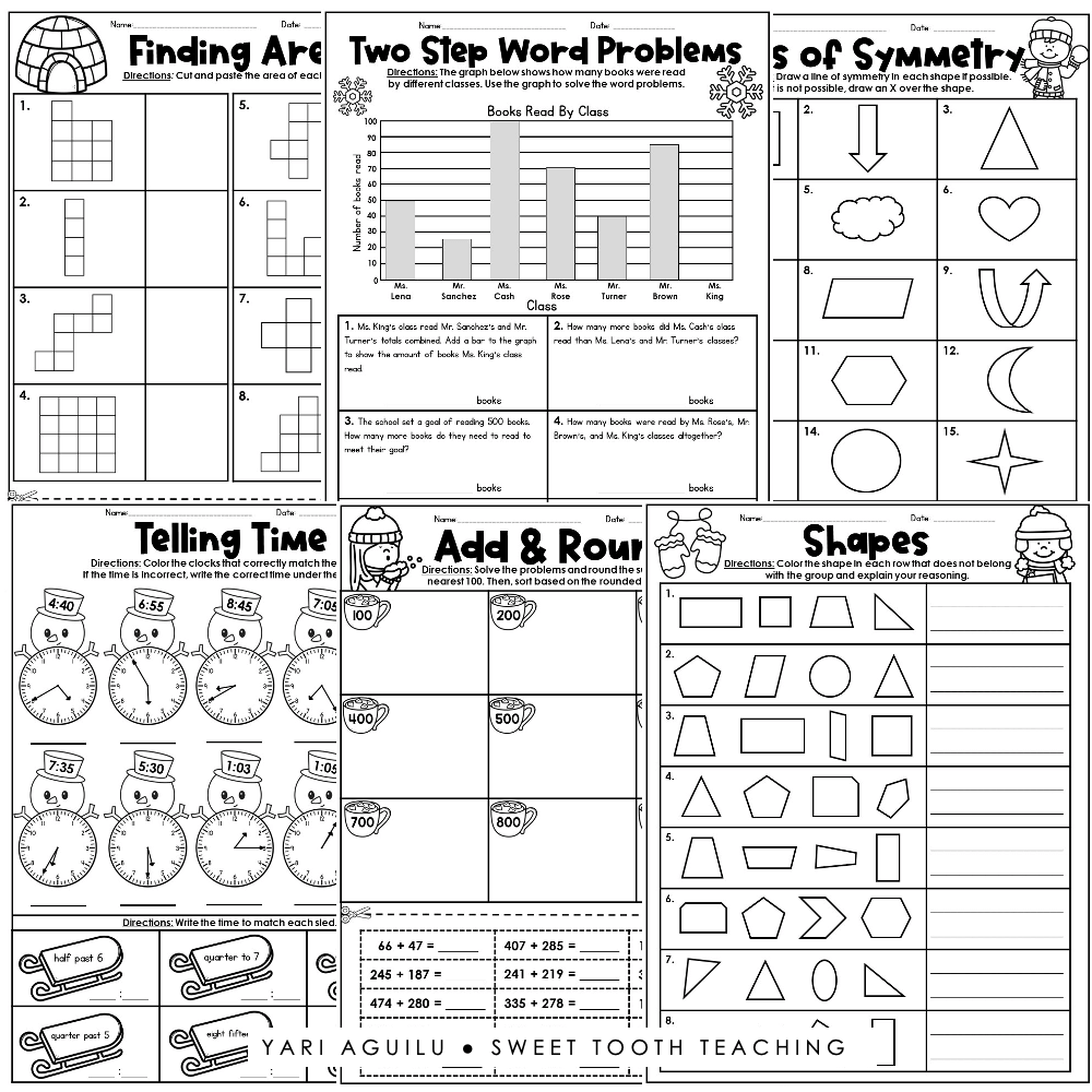Engaging 3rd Grade Free Printable Worksheets for January with math and geometry exercises