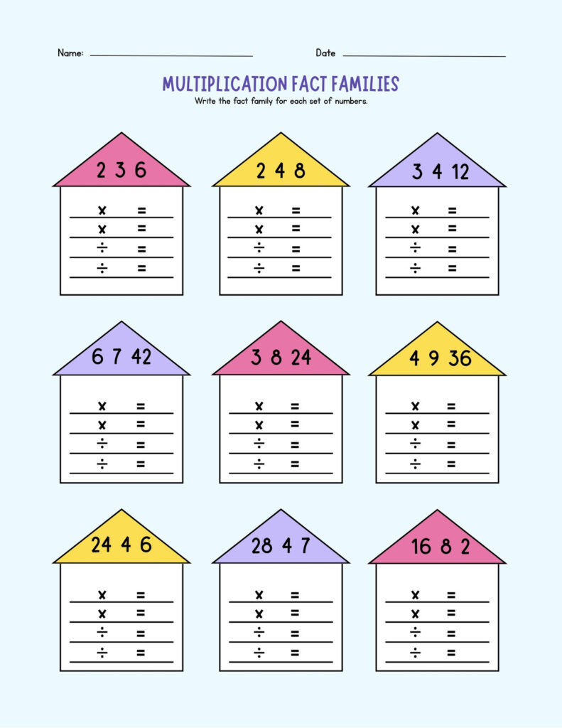 3rd grade math worksheet showing multiplication fact families in colorful house designs