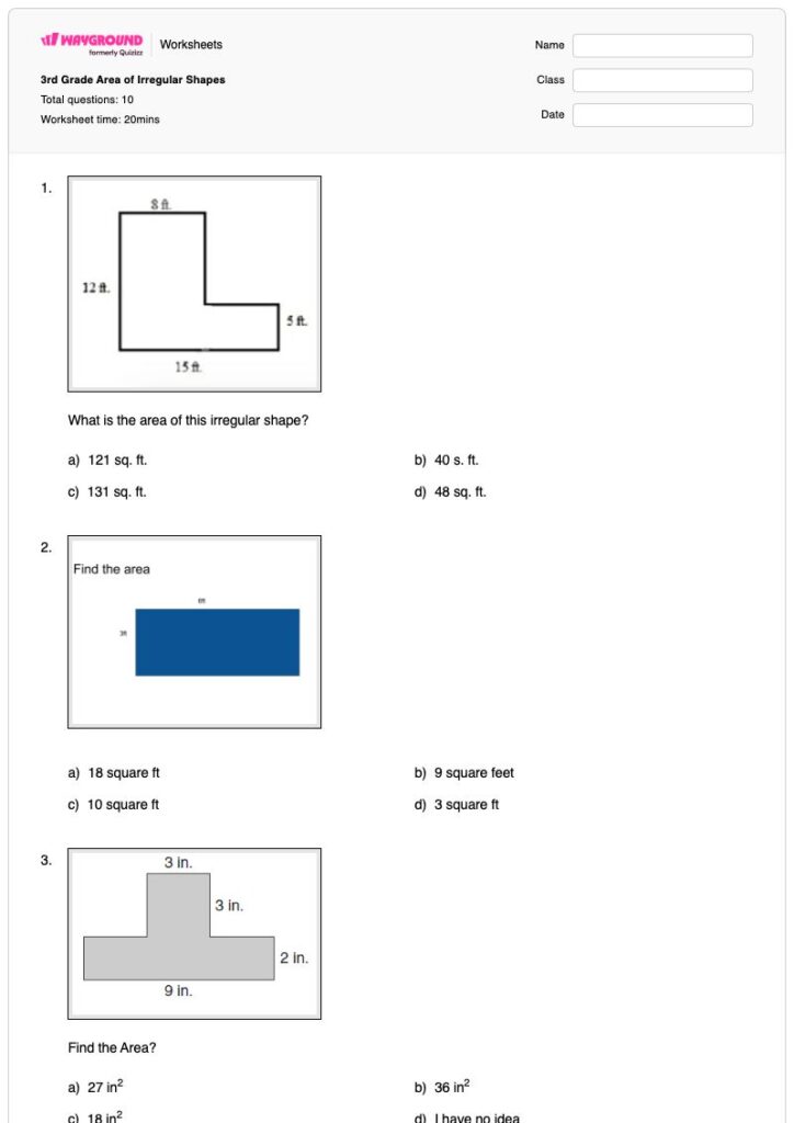 3rd Grade Math Practice Worksheets - 3rd Grade Area of Irregular Shapes - Free Printable Worksheet | Wayground